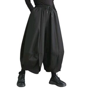 Ellazhu Lantern Pants Womens Medium Black Cropped Drop Crotch Pockets Balloon